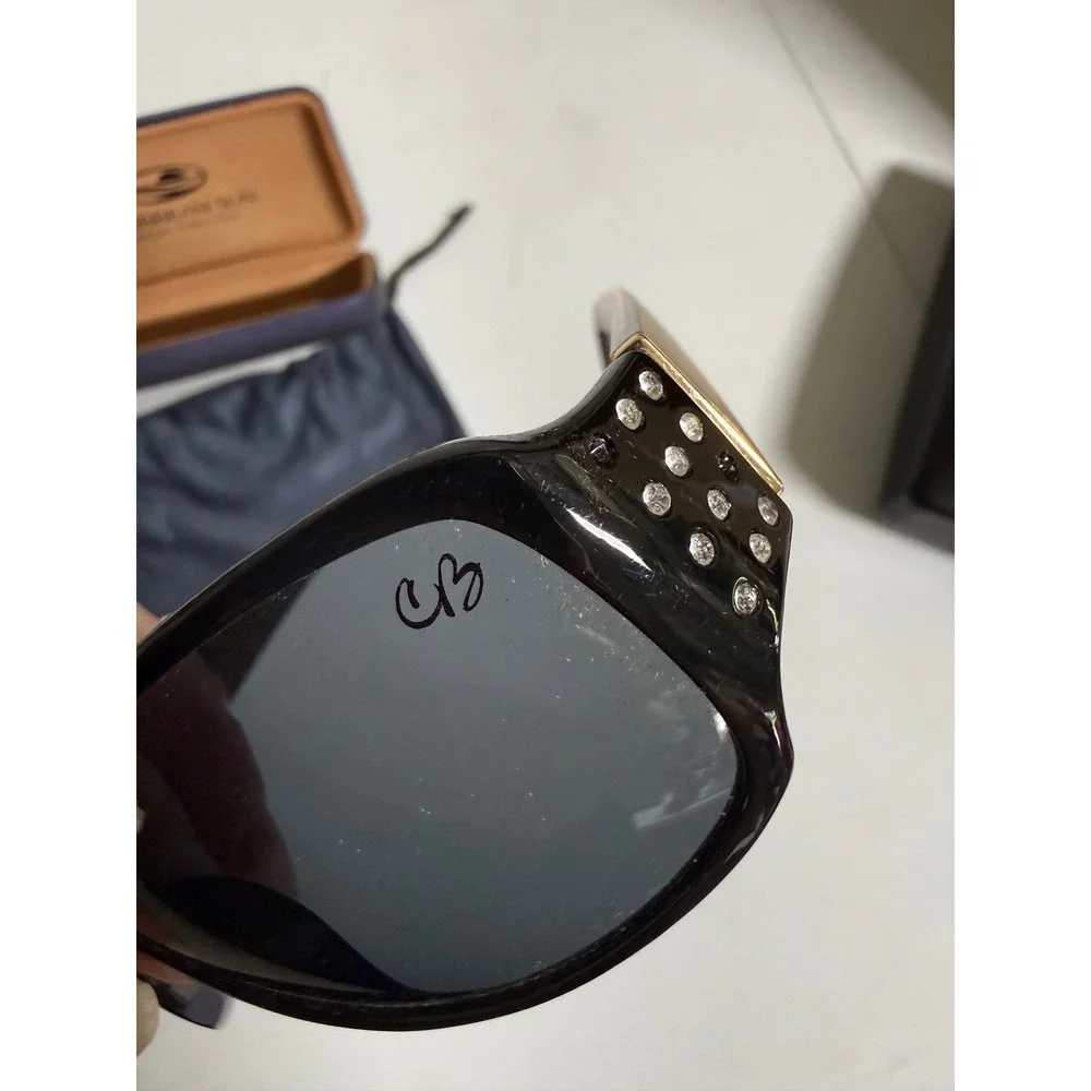 Caribbean Sun Polarized Sunglasses Black Oversized Rhinestone Gold Arms + Case